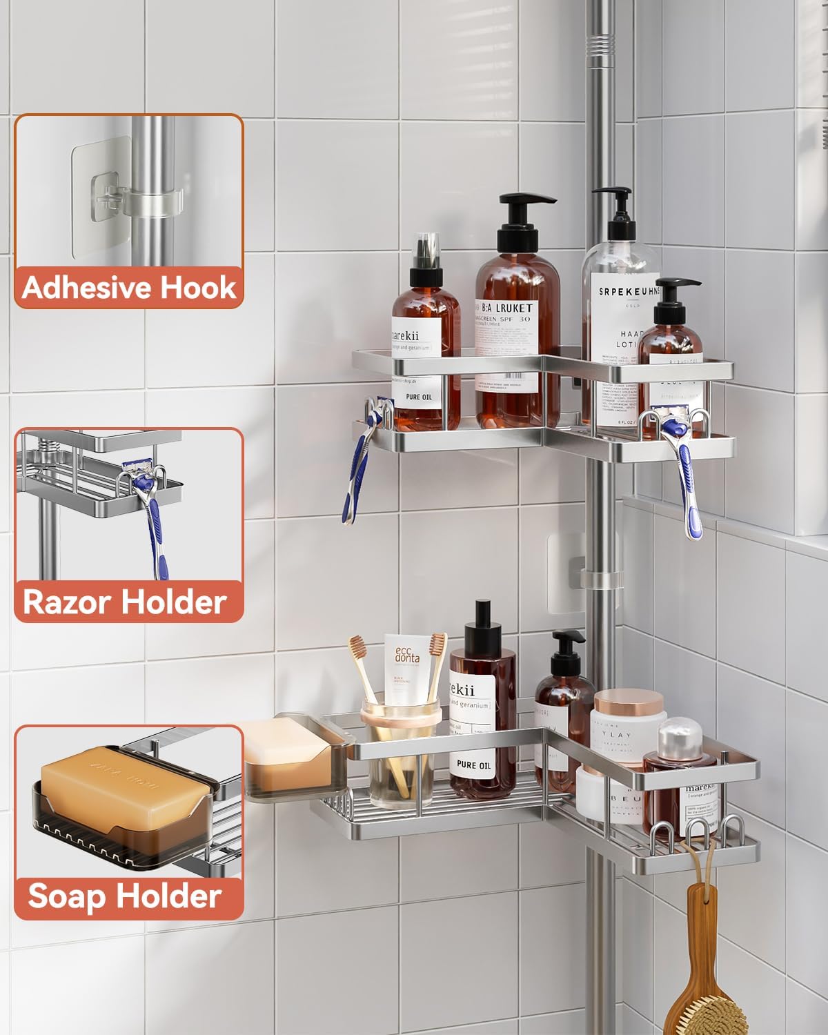 Corner Shower Caddy Tension Pole, 25.7-109.1in Adjustable Shower Shelves, Rust-Resistant Shower Organizer, No-Drill 3-Step Installation, Bathroom Shelves for Renters & Family, Black