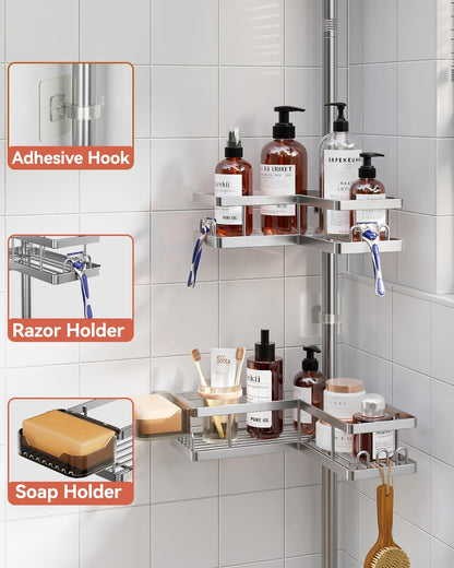 Corner Shower Caddy Tension Pole, 25.7-109.1in Adjustable Shower Shelves, Rust-Resistant Shower Organizer, No-Drill 3-Step Installation, Bathroom Shelves for Renters & Family, Black