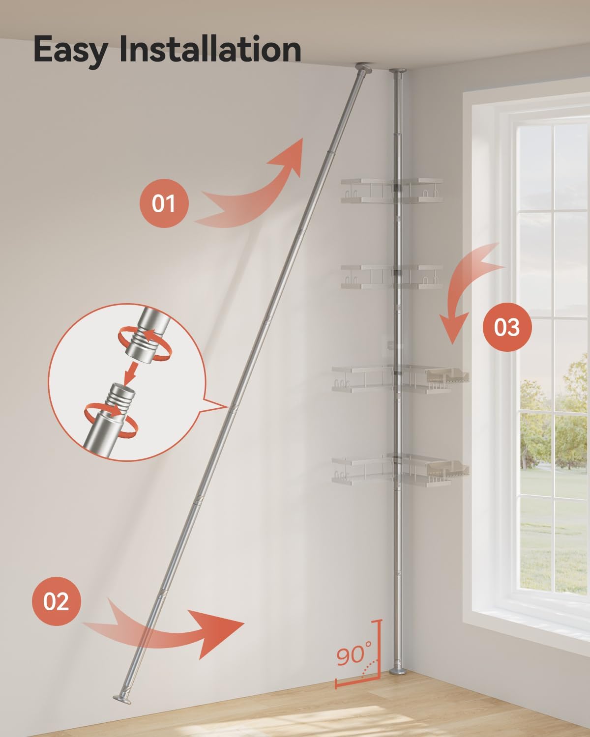 Corner Shower Caddy Tension Pole, 25.7-109.1in Adjustable Shower Shelves, Rust-Resistant Shower Organizer, No-Drill 3-Step Installation, Bathroom Shelves for Renters & Family, Black