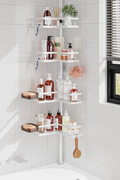 Corner Shower Caddy Tension Pole, 25.7-109.1in Adjustable Shower Shelves, Rust-Resistant Shower Organizer, No-Drill 3-Step Installation, Bathroom Shelves for Renters & Family, Black