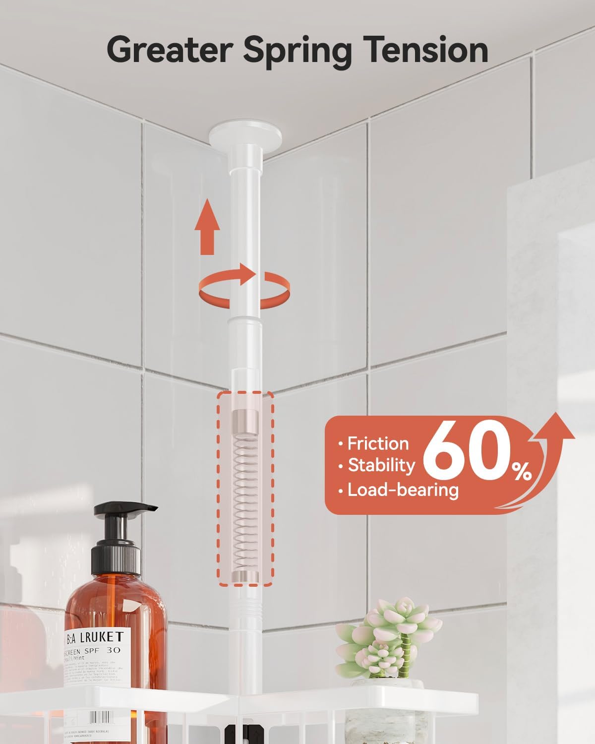 Corner Shower Caddy Tension Pole, 25.7-109.1in Adjustable Shower Shelves, Rust-Resistant Shower Organizer, No-Drill 3-Step Installation, Bathroom Shelves for Renters & Family, Black