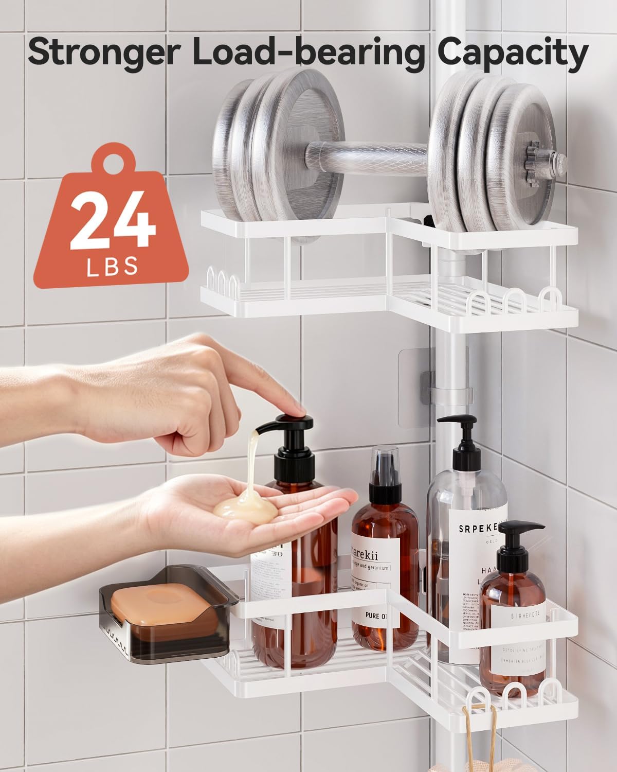 Corner Shower Caddy Tension Pole, 25.7-109.1in Adjustable Shower Shelves, Rust-Resistant Shower Organizer, No-Drill 3-Step Installation, Bathroom Shelves for Renters & Family, Black