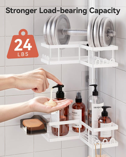 Corner Shower Caddy Tension Pole, 25.7-109.1in Adjustable Shower Shelves, Rust-Resistant Shower Organizer, No-Drill 3-Step Installation, Bathroom Shelves for Renters & Family, Black