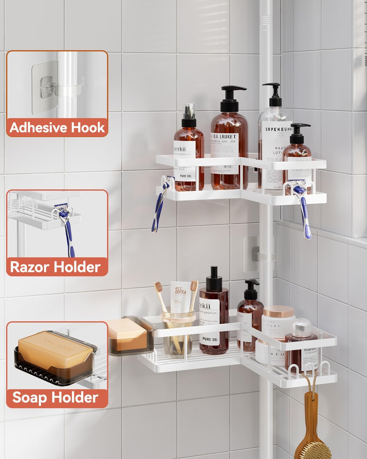 Corner Shower Caddy Tension Pole, 25.7-109.1in Adjustable Shower Shelves, Rust-Resistant Shower Organizer, No-Drill 3-Step Installation, Bathroom Shelves for Renters & Family, Black