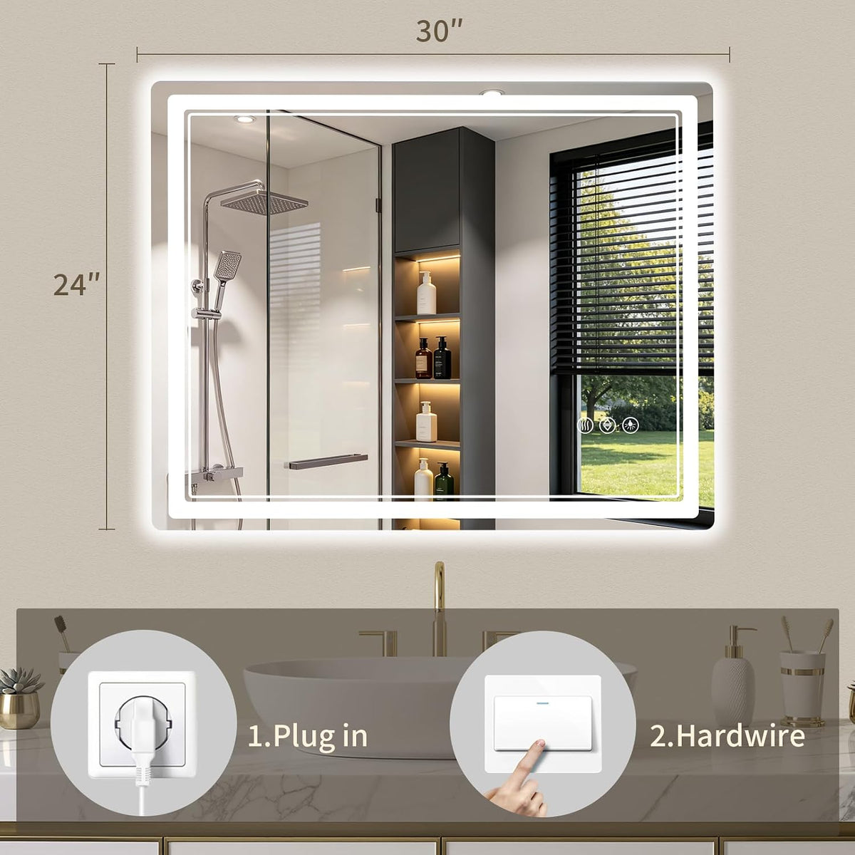 30"x36" LED Bathroom Mirror with Lights, Backlit + Front Lit, Anti-Fog, Lighted Bathroom Mirror for Wall, HD Shatterproof Tempered Glass, Dimmable, Memory Function (Horizontal/Vertical)