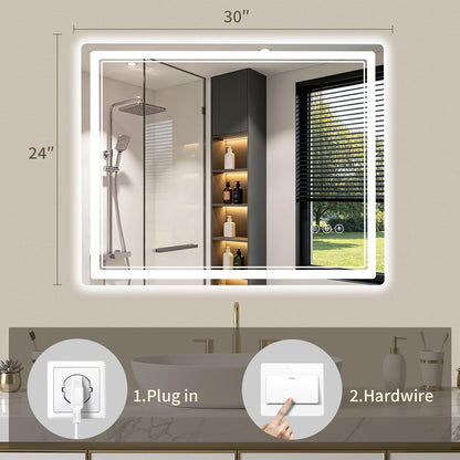 30"x36" LED Bathroom Mirror with Lights, Backlit + Front Lit, Anti-Fog, Lighted Bathroom Mirror for Wall, HD Shatterproof Tempered Glass, Dimmable, Memory Function (Horizontal/Vertical)