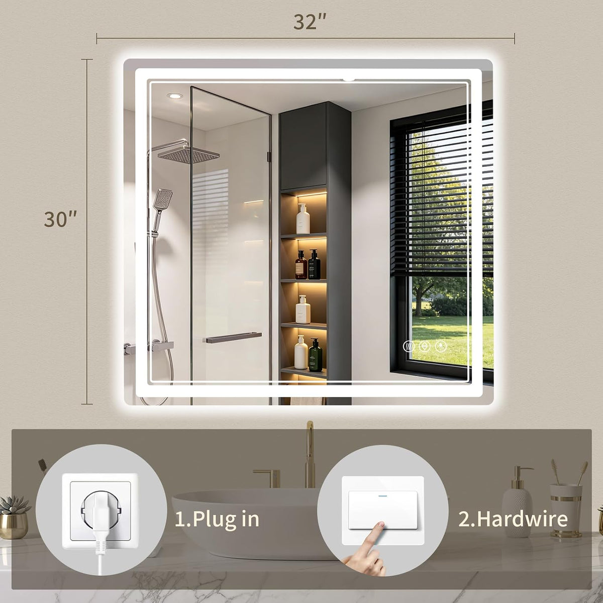 30"x36" LED Bathroom Mirror with Lights, Backlit + Front Lit, Anti-Fog, Lighted Bathroom Mirror for Wall, HD Shatterproof Tempered Glass, Dimmable, Memory Function (Horizontal/Vertical)