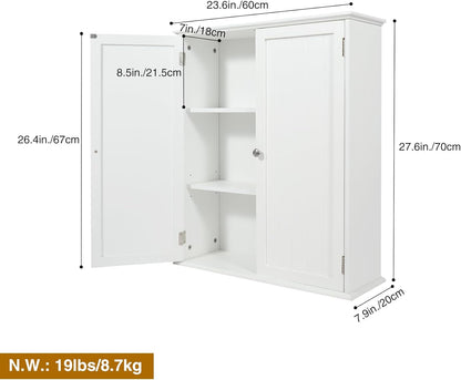 27.6in Length Bathroom Cabinet Wall Mounted | Over Toilet Storage Cabinet with 2 Doors and Adjustable Shelves,Wood Medicine Cabinet for Bathroom, White