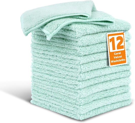 Coral Velvet White Washcloths 12 Pack, Highly Absorbent and Soft | Face Towel, Multi-Purpose White Bath Towels for Bathroom, Hotel, Spa, Gym and Kitchen