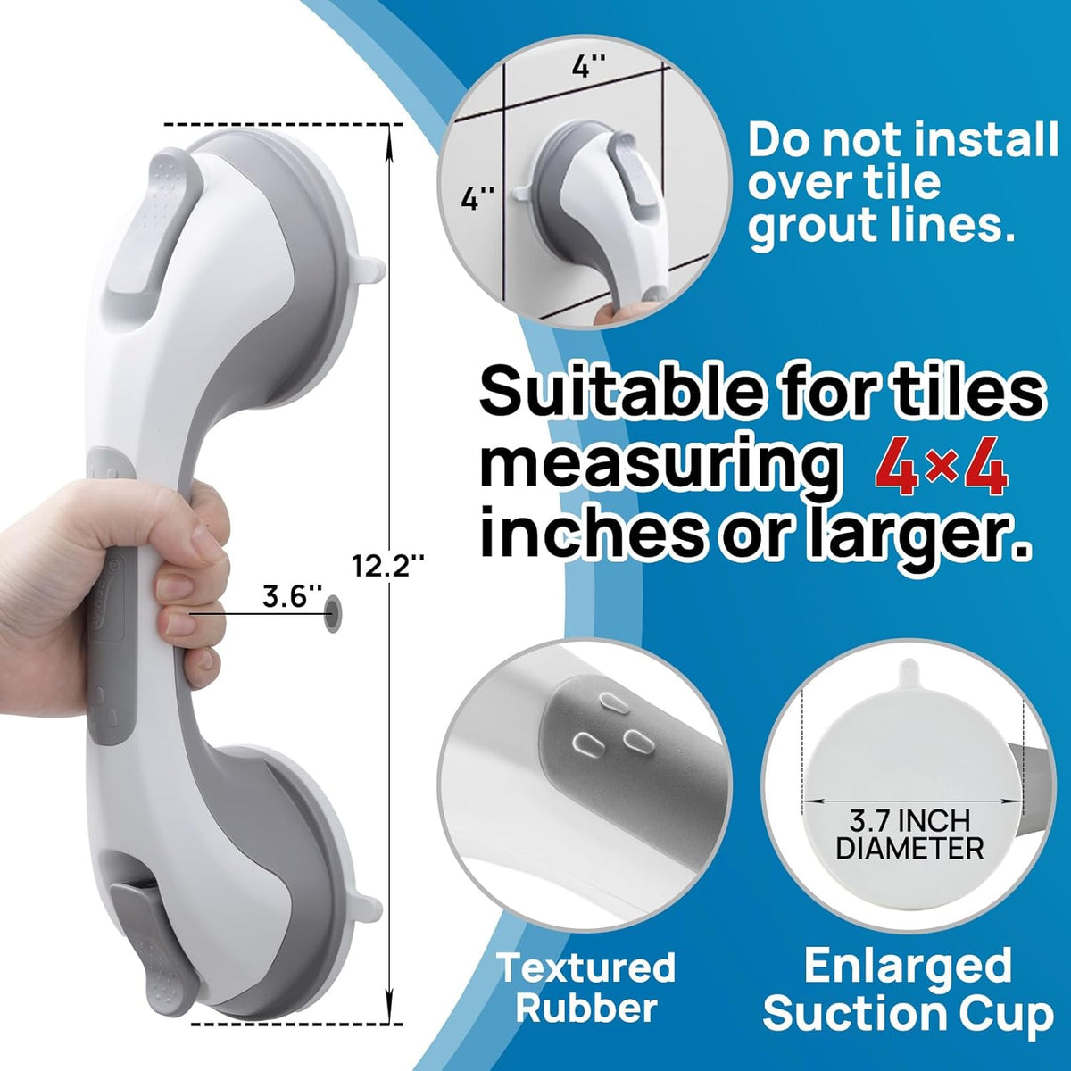 Grab Bars for Bathtubs and Showers 2 Pack Suction Grab Bar, Heavy Duty 12 Inch Shower Handle Removable Bath Handrails for Seniors and Elderly, Bathroom Safety Grip No Drilling Waterproof Grey