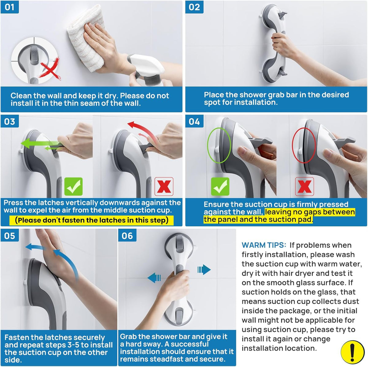 Grab Bars for Bathtubs and Showers 2 Pack Suction Grab Bar, Heavy Duty 12 Inch Shower Handle Removable Bath Handrails for Seniors and Elderly, Bathroom Safety Grip No Drilling Waterproof Grey