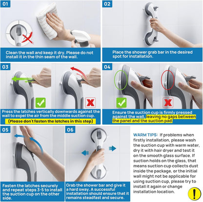 Grab Bars for Bathtubs and Showers 2 Pack Suction Grab Bar, Heavy Duty 12 Inch Shower Handle Removable Bath Handrails for Seniors and Elderly, Bathroom Safety Grip No Drilling Waterproof Grey