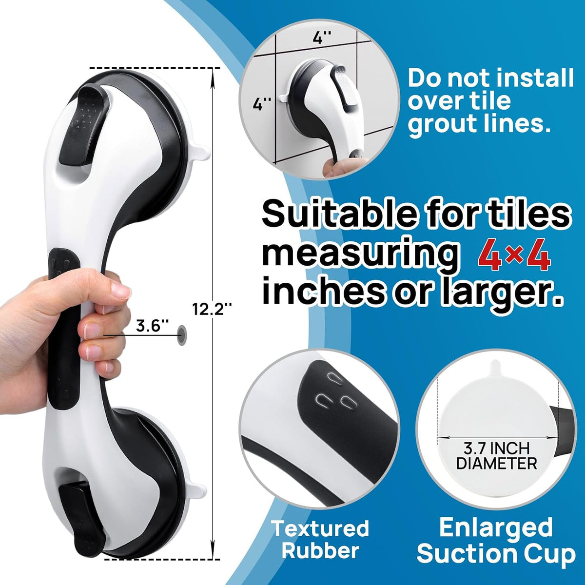 Grab Bars for Bathtubs and Showers 2 Pack Suction Grab Bar, Heavy Duty 12 Inch Shower Handle Removable Bath Handrails for Seniors and Elderly, Bathroom Safety Grip No Drilling Waterproof Grey
