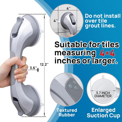 Grab Bars for Bathtubs and Showers 2 Pack Suction Grab Bar, Heavy Duty 12 Inch Shower Handle Removable Bath Handrails for Seniors and Elderly, Bathroom Safety Grip No Drilling Waterproof Grey