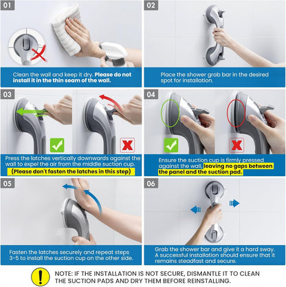 Grab Bars for Bathtubs and Showers 2 Pack Suction Grab Bar, Heavy Duty 12 Inch Shower Handle Removable Bath Handrails for Seniors and Elderly, Bathroom Safety Grip No Drilling Waterproof Grey