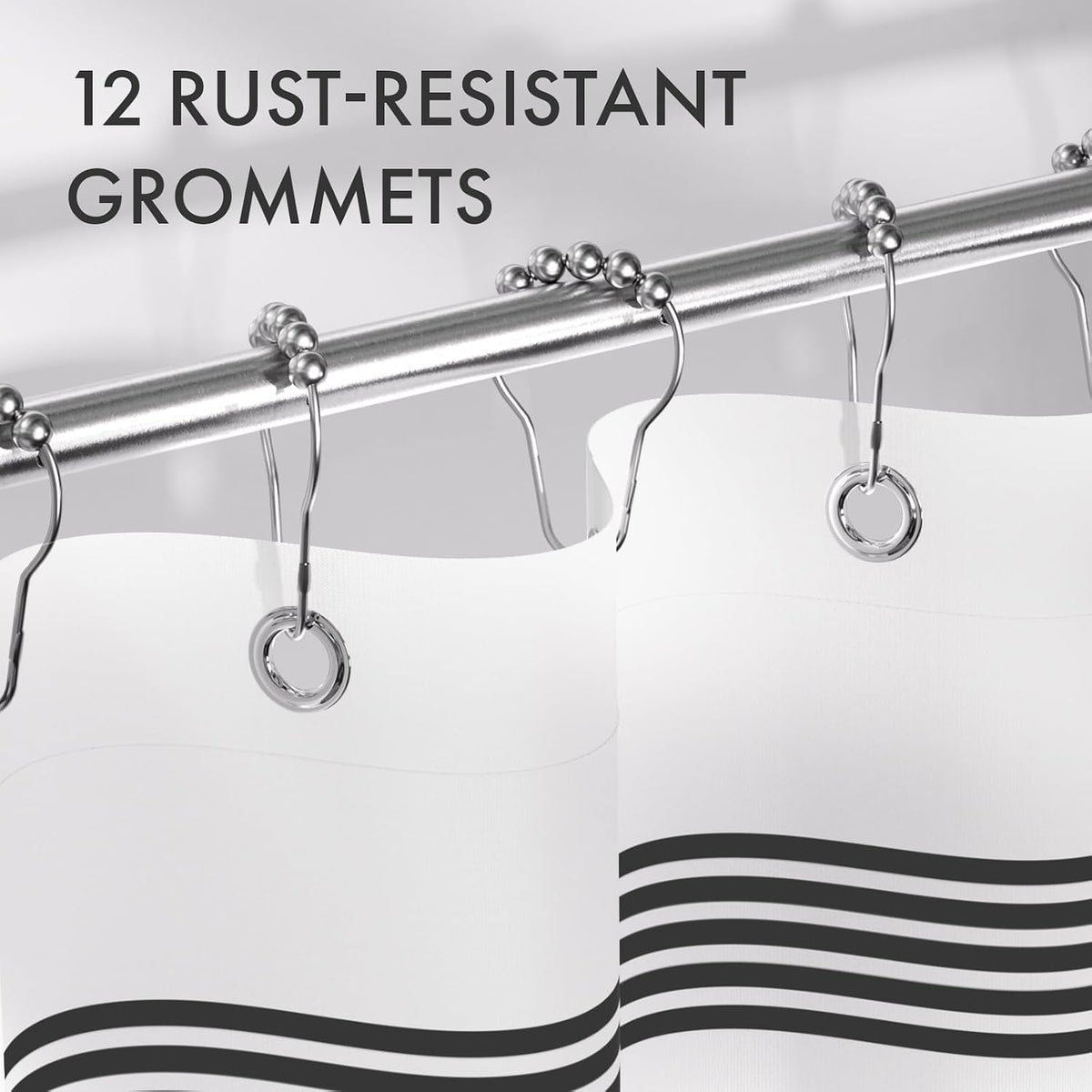 Shower Curtain, Washable Cloth Black Shower Curtain Sets with 12 Shower Curtain Hooks, Fabric Rustic Black and White Striped Curtain, Farmhouse Bathroom Curtains, 72x72 Inches