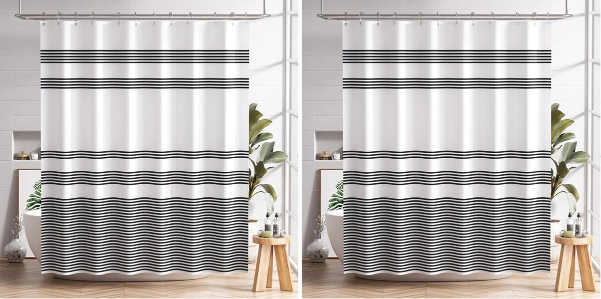Shower Curtain, Washable Cloth Black Shower Curtain Sets with 12 Shower Curtain Hooks, Fabric Rustic Black and White Striped Curtain, Farmhouse Bathroom Curtains, 72x72 Inches