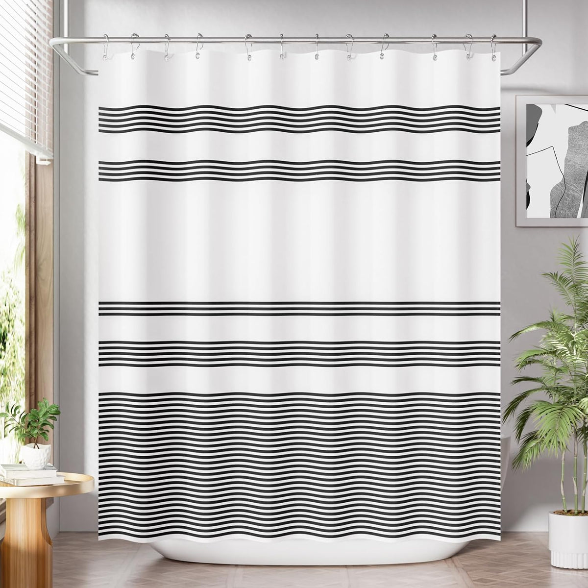 Shower Curtain, Washable Cloth Black Shower Curtain Sets with 12 Shower Curtain Hooks, Fabric Rustic Black and White Striped Curtain, Farmhouse Bathroom Curtains, 72x72 Inches