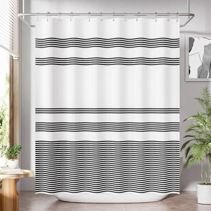 Shower Curtain, Washable Cloth Black Shower Curtain Sets with 12 Shower Curtain Hooks, Fabric Rustic Black and White Striped Curtain, Farmhouse Bathroom Curtains, 72x72 Inches