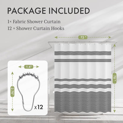 Shower Curtain, Washable Cloth Black Shower Curtain Sets with 12 Shower Curtain Hooks, Fabric Rustic Black and White Striped Curtain, Farmhouse Bathroom Curtains, 72x72 Inches