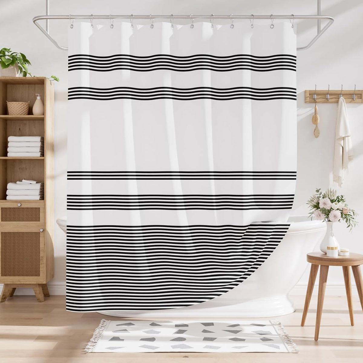 Shower Curtain, Washable Cloth Black Shower Curtain Sets with 12 Shower Curtain Hooks, Fabric Rustic Black and White Striped Curtain, Farmhouse Bathroom Curtains, 72x72 Inches