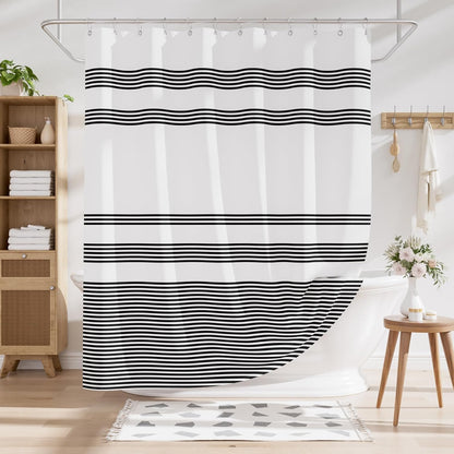 Shower Curtain, Washable Cloth Black Shower Curtain Sets with 12 Shower Curtain Hooks, Fabric Rustic Black and White Striped Curtain, Farmhouse Bathroom Curtains, 72x72 Inches