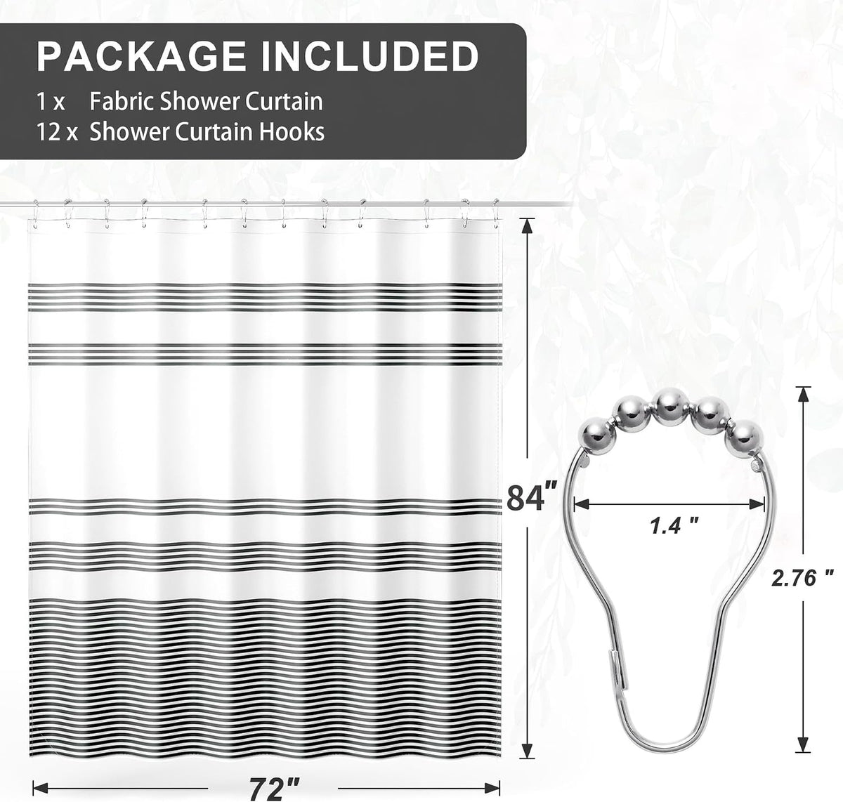 Shower Curtain, Washable Cloth Black Shower Curtain Sets with 12 Shower Curtain Hooks, Fabric Rustic Black and White Striped Curtain, Farmhouse Bathroom Curtains, 72x72 Inches