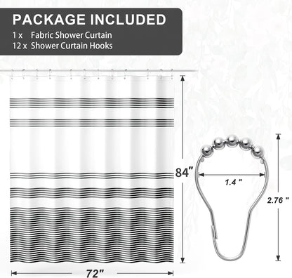 Shower Curtain, Washable Cloth Black Shower Curtain Sets with 12 Shower Curtain Hooks, Fabric Rustic Black and White Striped Curtain, Farmhouse Bathroom Curtains, 72x72 Inches