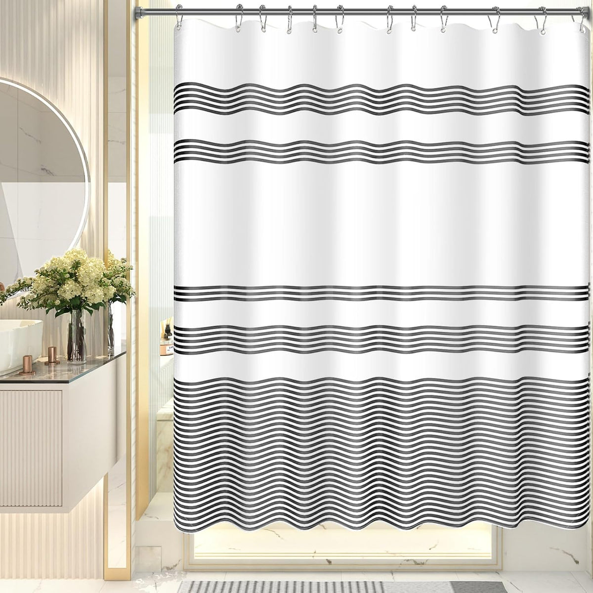 Shower Curtain, Washable Cloth Black Shower Curtain Sets with 12 Shower Curtain Hooks, Fabric Rustic Black and White Striped Curtain, Farmhouse Bathroom Curtains, 72x72 Inches
