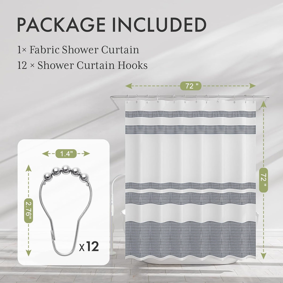 Shower Curtain, Washable Cloth Black Shower Curtain Sets with 12 Shower Curtain Hooks, Fabric Rustic Black and White Striped Curtain, Farmhouse Bathroom Curtains, 72x72 Inches