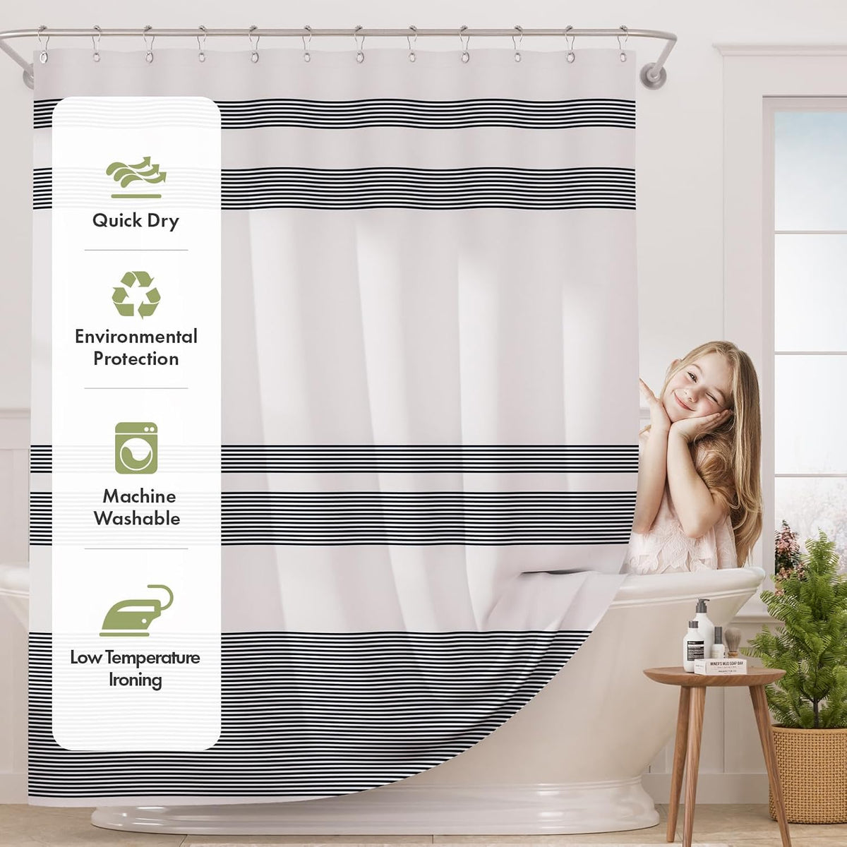 Shower Curtain, Washable Cloth Black Shower Curtain Sets with 12 Shower Curtain Hooks, Fabric Rustic Black and White Striped Curtain, Farmhouse Bathroom Curtains, 72x72 Inches