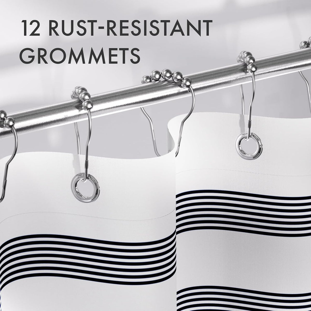 Shower Curtain, Washable Cloth Black Shower Curtain Sets with 12 Shower Curtain Hooks, Fabric Rustic Black and White Striped Curtain, Farmhouse Bathroom Curtains, 72x72 Inches