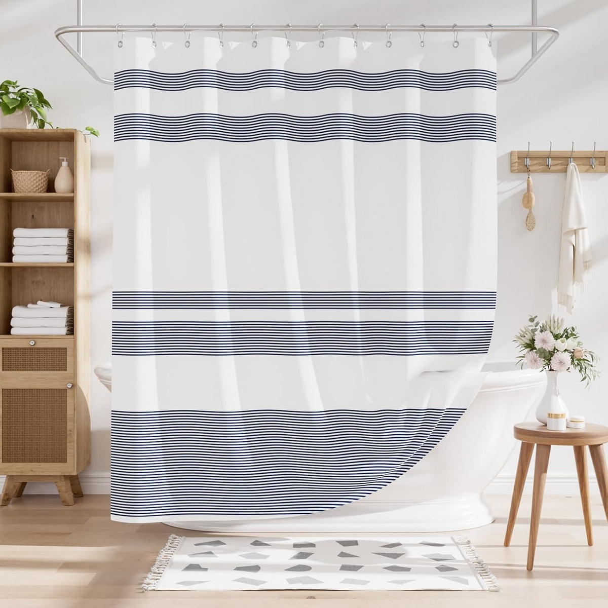 Shower Curtain, Washable Cloth Black Shower Curtain Sets with 12 Shower Curtain Hooks, Fabric Rustic Black and White Striped Curtain, Farmhouse Bathroom Curtains, 72x72 Inches