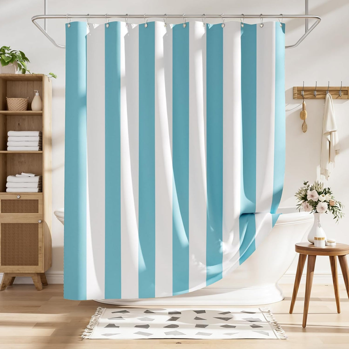 Shower Curtain, Washable Cloth Black Shower Curtain Sets with 12 Shower Curtain Hooks, Fabric Rustic Black and White Striped Curtain, Farmhouse Bathroom Curtains, 72x72 Inches