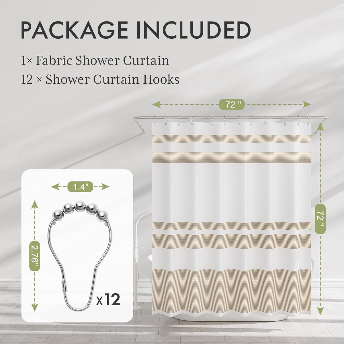 Shower Curtain, Washable Cloth Black Shower Curtain Sets with 12 Shower Curtain Hooks, Fabric Rustic Black and White Striped Curtain, Farmhouse Bathroom Curtains, 72x72 Inches
