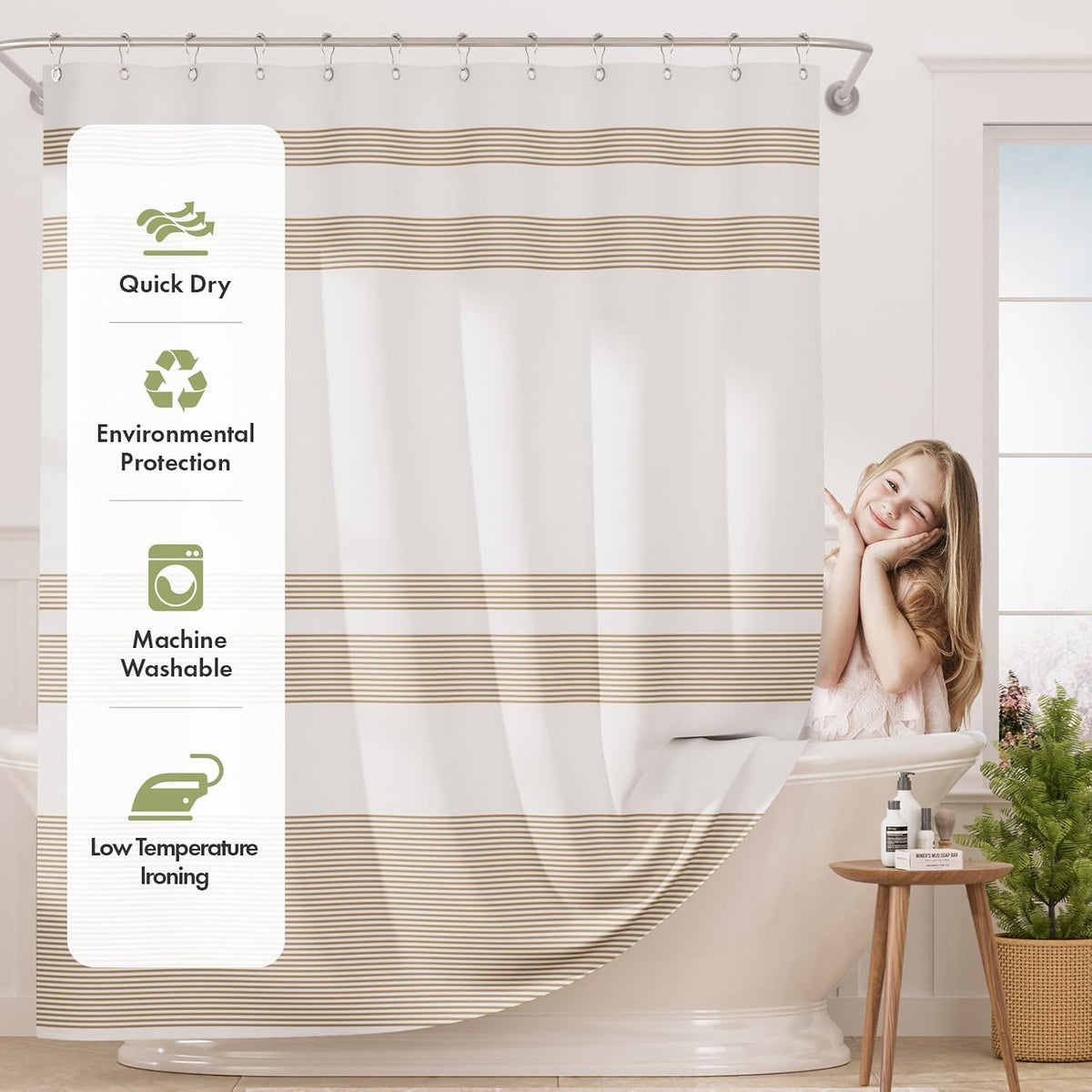 Shower Curtain, Washable Cloth Black Shower Curtain Sets with 12 Shower Curtain Hooks, Fabric Rustic Black and White Striped Curtain, Farmhouse Bathroom Curtains, 72x72 Inches