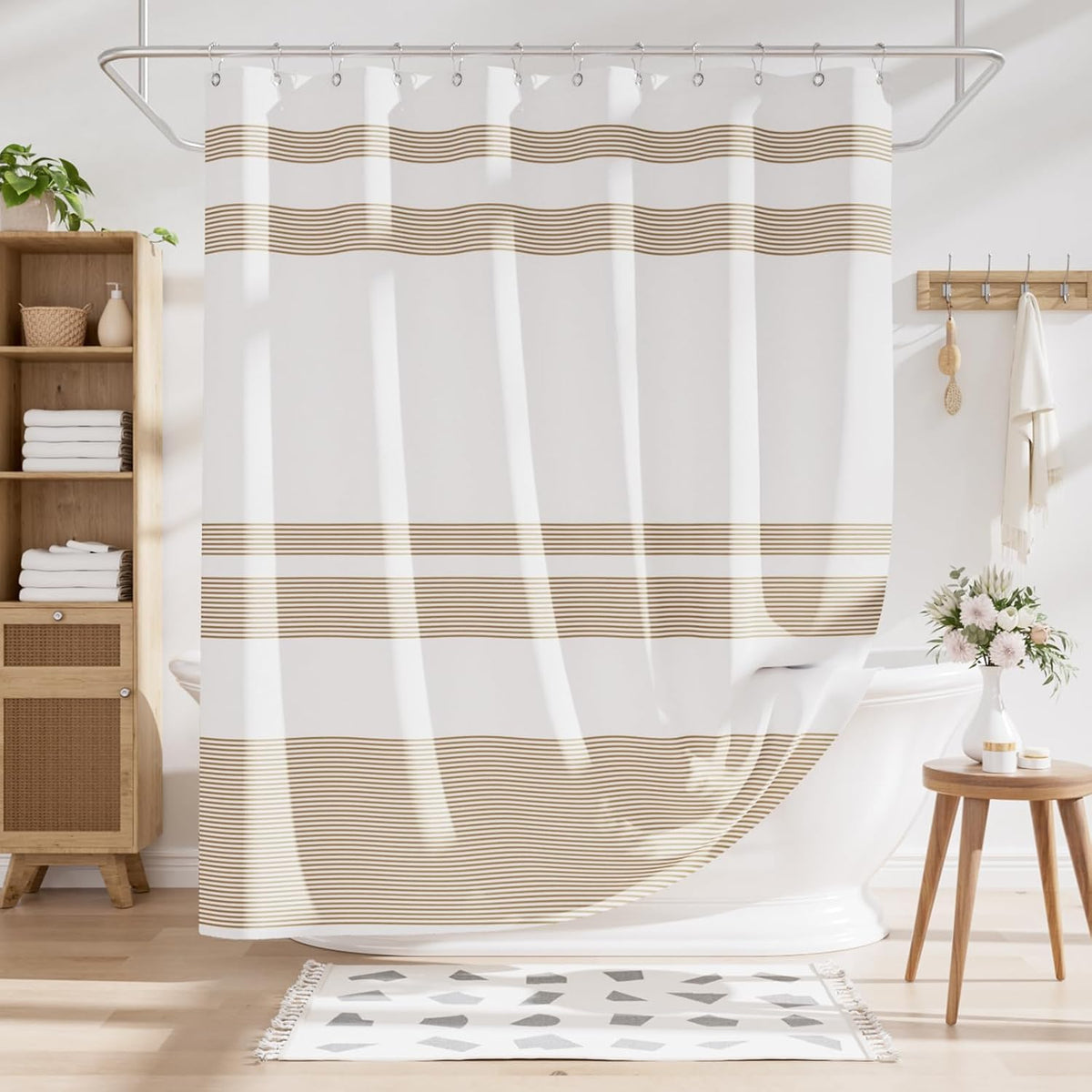 Shower Curtain, Washable Cloth Black Shower Curtain Sets with 12 Shower Curtain Hooks, Fabric Rustic Black and White Striped Curtain, Farmhouse Bathroom Curtains, 72x72 Inches