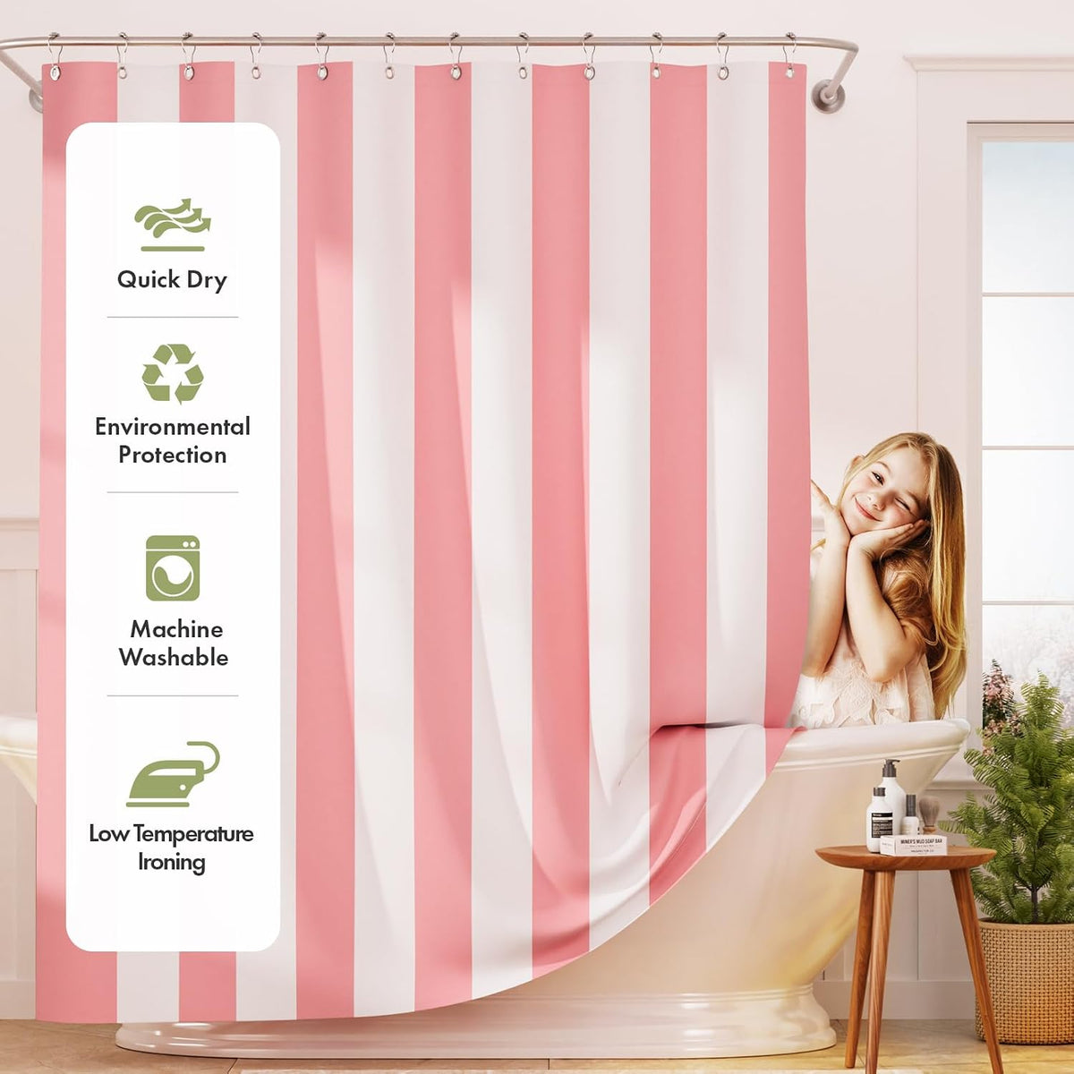 Shower Curtain, Washable Cloth Black Shower Curtain Sets with 12 Shower Curtain Hooks, Fabric Rustic Black and White Striped Curtain, Farmhouse Bathroom Curtains, 72x72 Inches