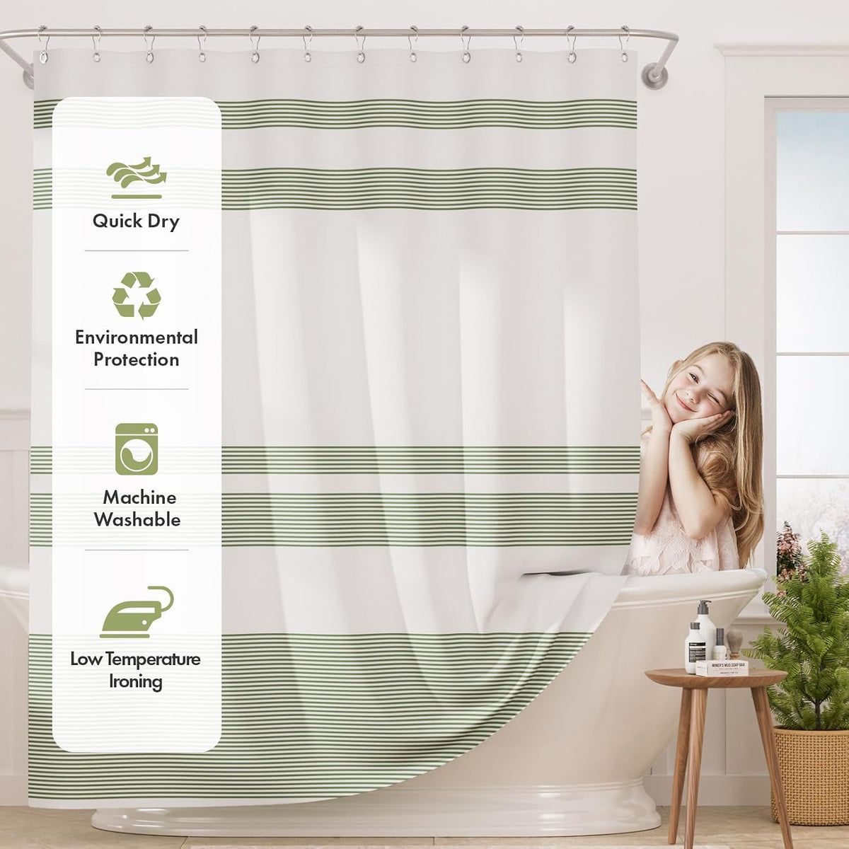 Shower Curtain, Washable Cloth Black Shower Curtain Sets with 12 Shower Curtain Hooks, Fabric Rustic Black and White Striped Curtain, Farmhouse Bathroom Curtains, 72x72 Inches