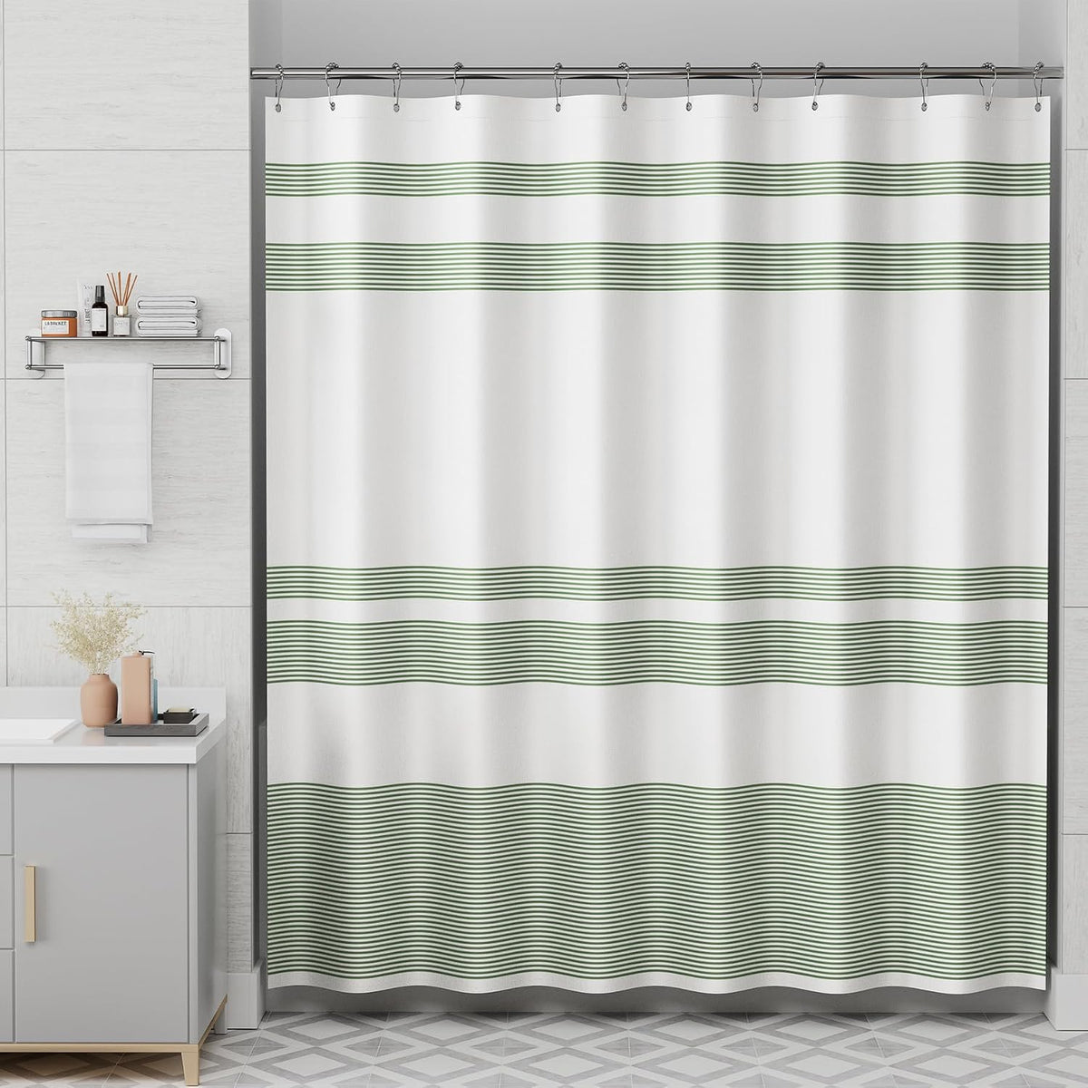 Shower Curtain, Washable Cloth Black Shower Curtain Sets with 12 Shower Curtain Hooks, Fabric Rustic Black and White Striped Curtain, Farmhouse Bathroom Curtains, 72x72 Inches