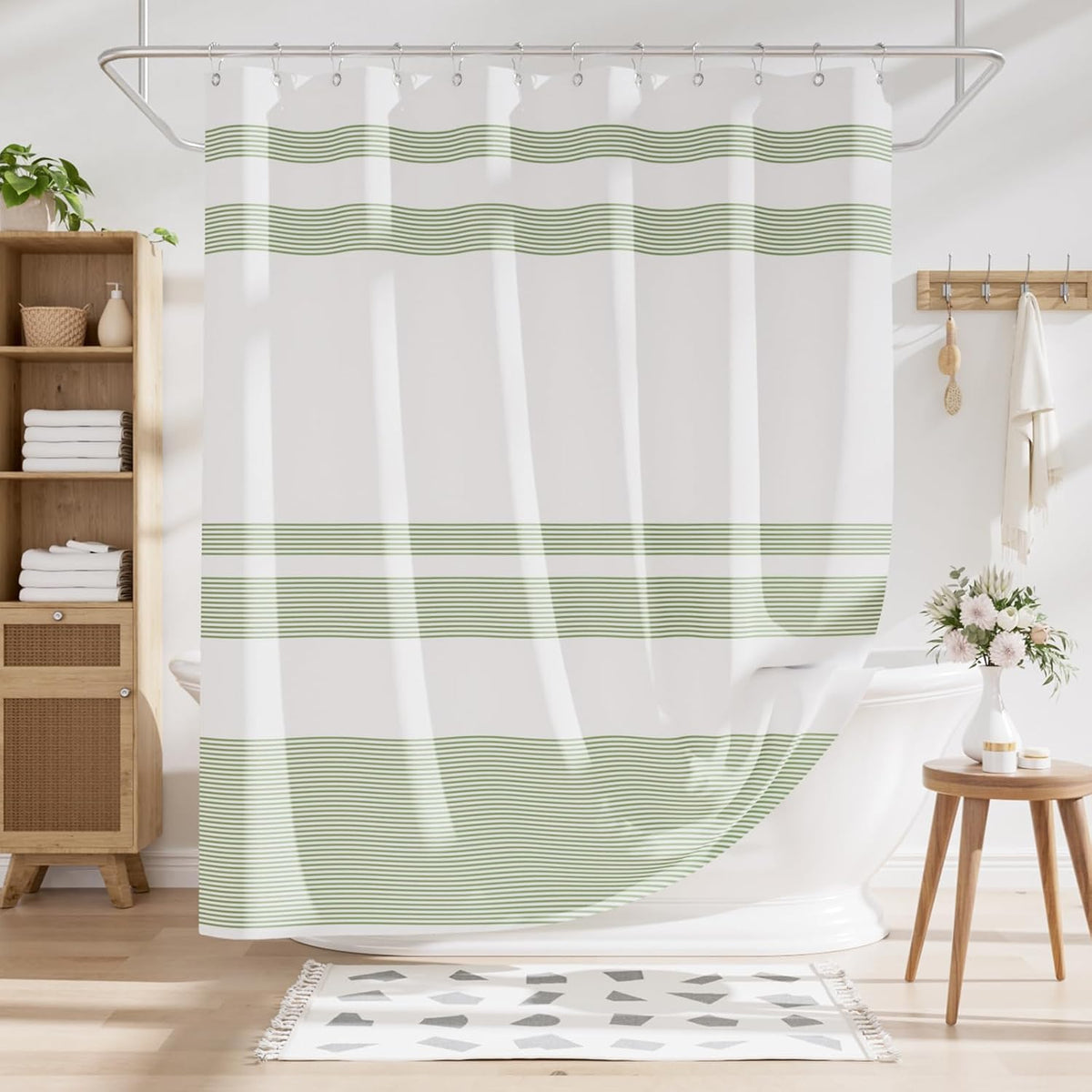 Shower Curtain, Washable Cloth Black Shower Curtain Sets with 12 Shower Curtain Hooks, Fabric Rustic Black and White Striped Curtain, Farmhouse Bathroom Curtains, 72x72 Inches