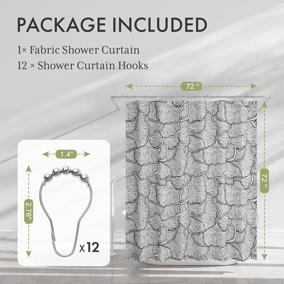 Shower Curtain, Washable Cloth Black Shower Curtain Sets with 12 Shower Curtain Hooks, Fabric Rustic Black and White Striped Curtain, Farmhouse Bathroom Curtains, 72x72 Inches