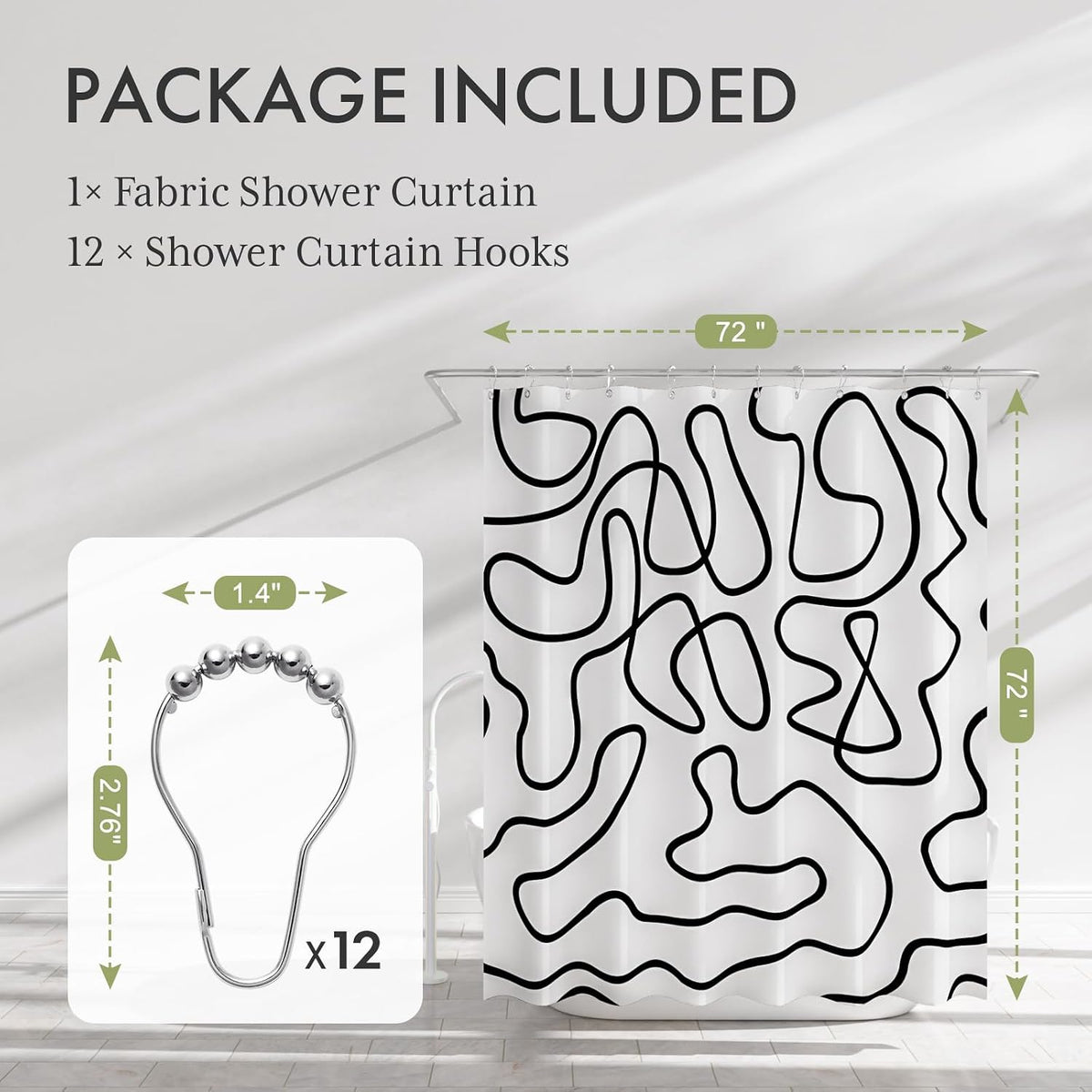 Shower Curtain, Washable Cloth Black Shower Curtain Sets with 12 Shower Curtain Hooks, Fabric Rustic Black and White Striped Curtain, Farmhouse Bathroom Curtains, 72x72 Inches