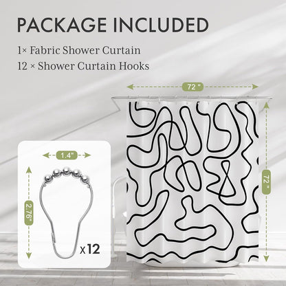 Shower Curtain, Washable Cloth Black Shower Curtain Sets with 12 Shower Curtain Hooks, Fabric Rustic Black and White Striped Curtain, Farmhouse Bathroom Curtains, 72x72 Inches