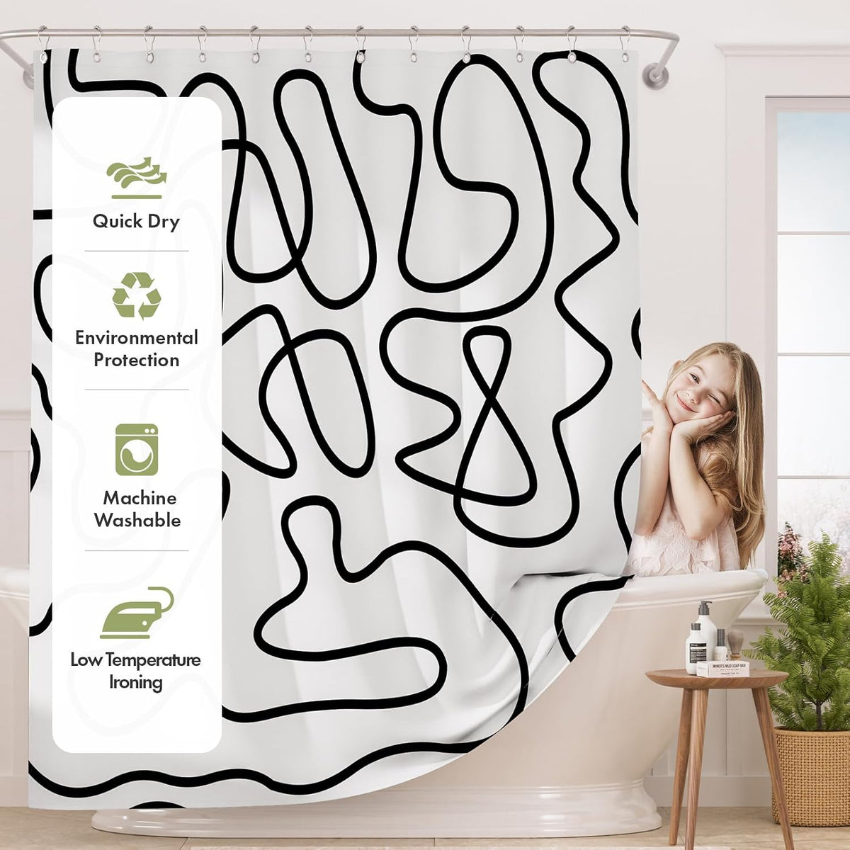 Shower Curtain, Washable Cloth Black Shower Curtain Sets with 12 Shower Curtain Hooks, Fabric Rustic Black and White Striped Curtain, Farmhouse Bathroom Curtains, 72x72 Inches