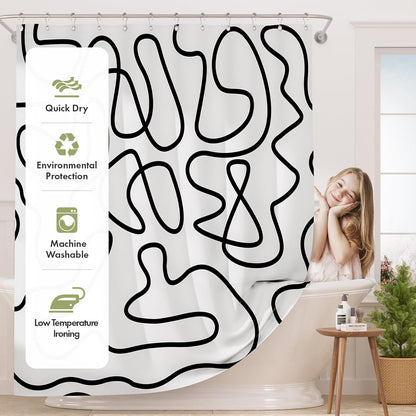 Shower Curtain, Washable Cloth Black Shower Curtain Sets with 12 Shower Curtain Hooks, Fabric Rustic Black and White Striped Curtain, Farmhouse Bathroom Curtains, 72x72 Inches