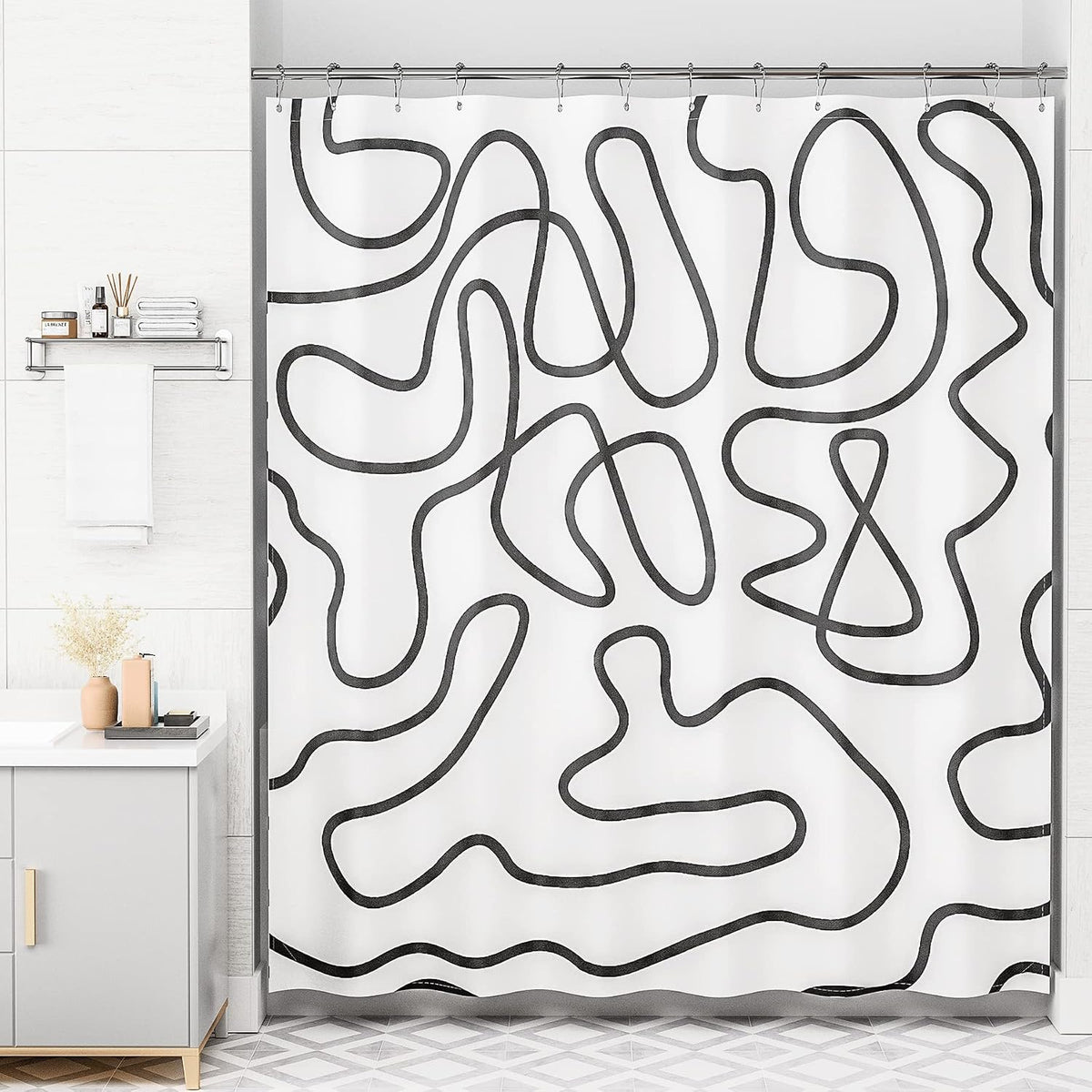 Shower Curtain, Washable Cloth Black Shower Curtain Sets with 12 Shower Curtain Hooks, Fabric Rustic Black and White Striped Curtain, Farmhouse Bathroom Curtains, 72x72 Inches