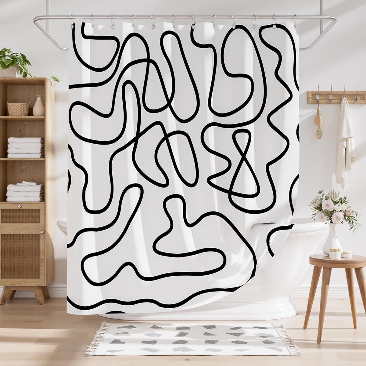 Shower Curtain, Washable Cloth Black Shower Curtain Sets with 12 Shower Curtain Hooks, Fabric Rustic Black and White Striped Curtain, Farmhouse Bathroom Curtains, 72x72 Inches