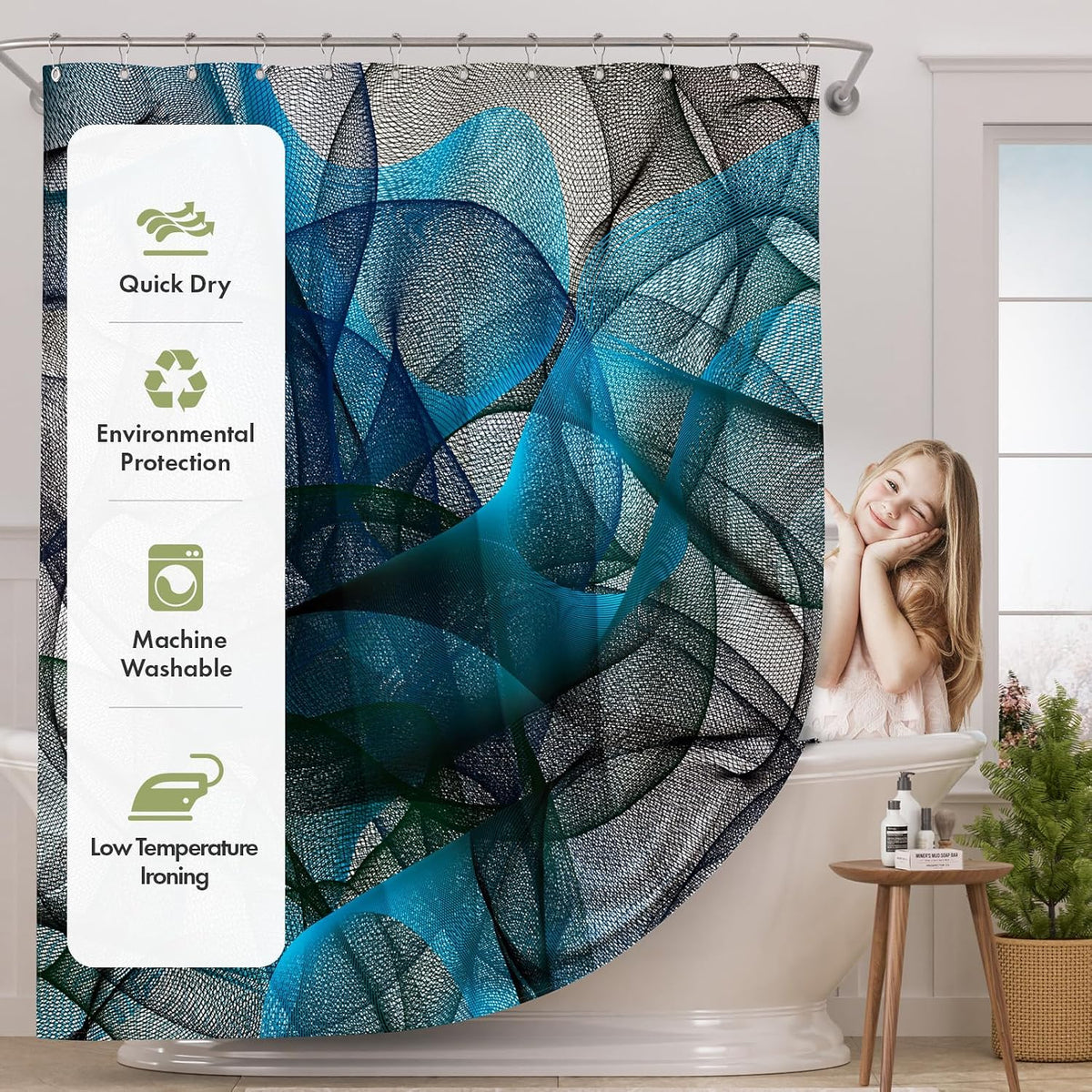 Shower Curtain, Washable Cloth Black Shower Curtain Sets with 12 Shower Curtain Hooks, Fabric Rustic Black and White Striped Curtain, Farmhouse Bathroom Curtains, 72x72 Inches