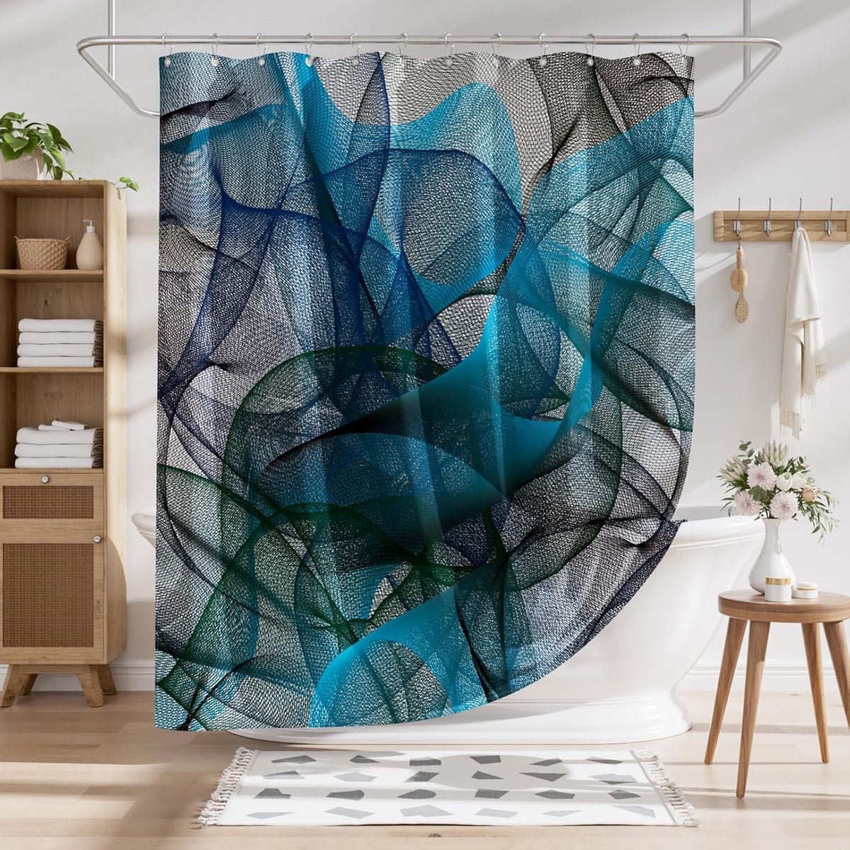 Shower Curtain, Washable Cloth Black Shower Curtain Sets with 12 Shower Curtain Hooks, Fabric Rustic Black and White Striped Curtain, Farmhouse Bathroom Curtains, 72x72 Inches